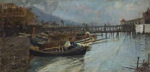 Barche In Riva Al Mare Con Pontile E Vesuvio Sullo Sfondo