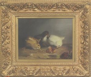 Three Chicks With Butterfly And Spider by Mary Russell Smith