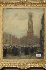 Belfry At Bruge, Market Day by Percy John Delf Smith