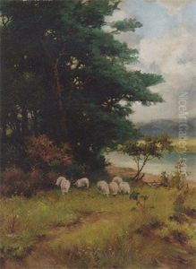 Sheep Grazing In A Wooded River Landscape Sheep Grazing In A Wooded River Landscape