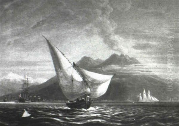 Sail Boat At Sea, With The Eruption Of Mt. Vesuvius - view 1