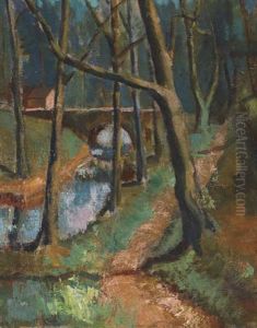 Riverside Path With Trees And Bridge by Sidney Smith