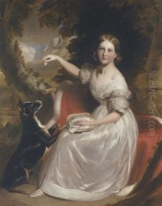 Portrait Of Marianne Gage, Seated On A Red Cloak Trimmed With Ermine, Feeding A Dog In A Wooded Mountain Landscape by Stephen Catterson Smith