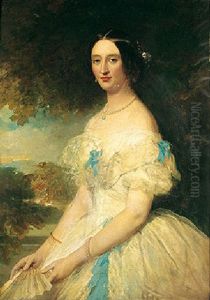 Portrait Of Mary Sankey Wearing A White Silk Dress And Holding A Fan, A Landscape Beyond