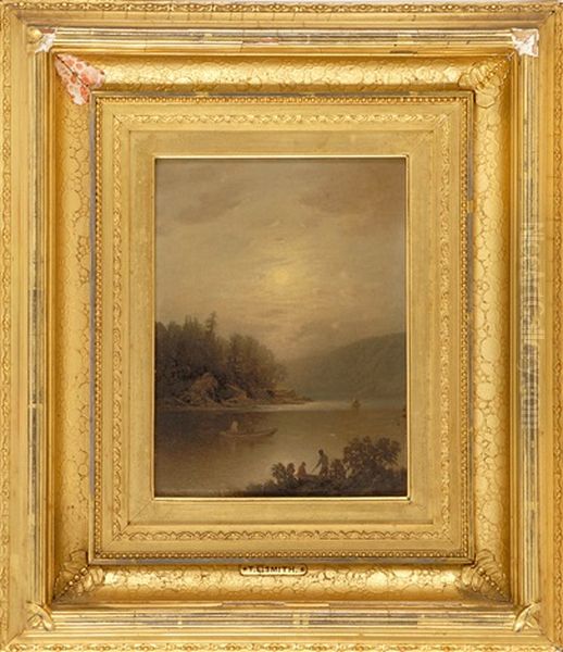 Moonlit Lake Scene With Figures In Rowboats - view 1