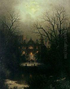 A Winter Landscape With Figures Carolling On The Steps Of A Mansion by Thomas Lochlan Smith