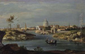 River Landscape With A Town Beyond