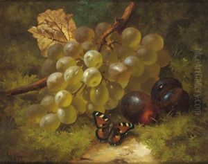 Stilleben Mit Weintrauben, Pflaumen Und Einem Schmetterling Am Waldboden by William Harding Smith
