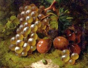 Grapes And Plums On A Mossy Bank (+ Grapes, Plums And A Peach, With A Butterfly On A Mossy Bank; Pair) by William Harding Smith