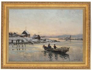 Vinterlandskap Med Garnfiskere I Robat Vinterlandskap Med Garnfiskere I Robat