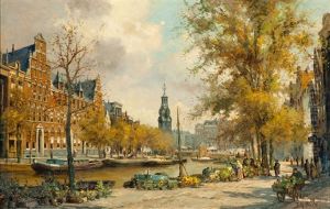 View Of The Flower Market On The Singel With The Munttoren In The Background, Amsterdam by Jan Geerard Smits