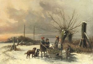 Children Gathering Firewood On The Ice by Jan Geerard Smits