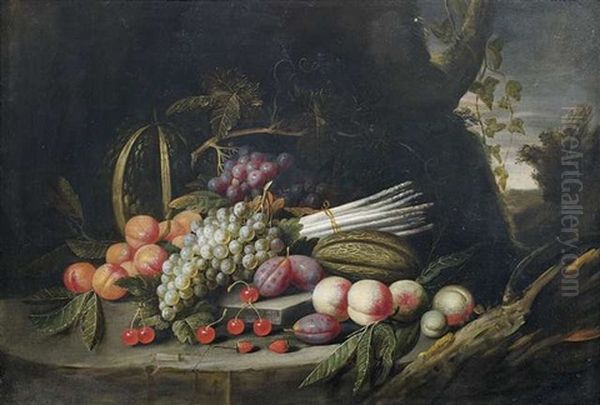 Obst- Und Gemusestilleben Vor Landschaftshintergrund - view 1