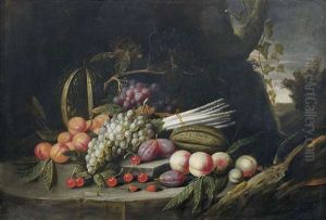 Obst- Und Gemusestilleben Vor Landschaftshintergrund by Theodorus Smits