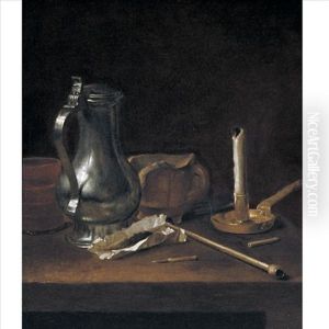 Toebackje Still Life With Pewter Jug, Tobacco, Pipe And Candle by Theodorus Smits