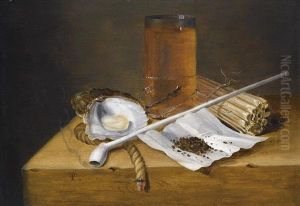 A Toebackje Still Life With A Pipe, Two Oysters, A Glass Of Beer, Tobacco, Sulphur Sticks And Burning Taper, All On A Wooden Ledge by Theodorus Smits