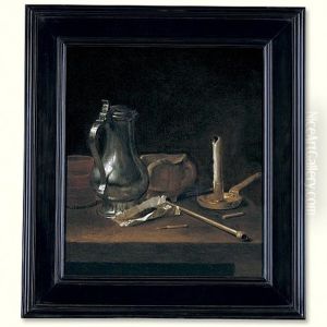 Toebackje Still Life With Pewter Jug, Tobacco, Pipe And Candle by Theodorus Smits