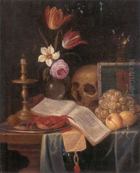 A Vanitas Still Life Of A Candle, A Vase Of Flowers, A Skull, A Roemer, A Crab, A Shrimp, And A Hazelnut On A Platter, With A Book, A Letter And Fruits On A Table - view 1