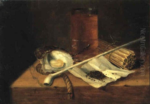 Toebackje: Beer Glass, Matches, Pipe, Oyster And Fuse On A Table - view 1