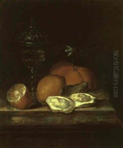 Still Life With Glass Of Wine, Lemons, Oranges And Oysters On A Marble Ledge by Gaspar (Smits, Smith) Smitz