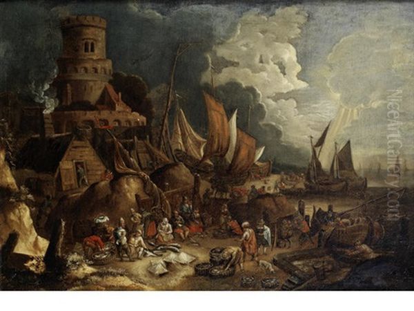 Fishermen Preparing Their Catch In A Busy Harbour - view 1