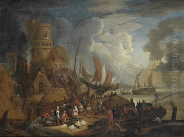 Fishermen In Boats Approaching The Shore With Their Catch, With A Village In The Distance; And A Fishmarket (2 Works) - view 1