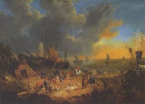 Elegant Figures Inspecting The Catch On A Beach With Sailing Barges And Shipping Beyond