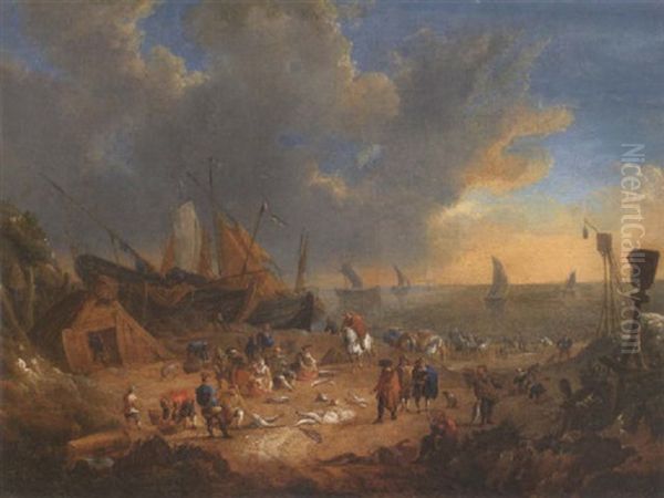 Elegant Figures Inspecting Their Catch On A Beach With Sailing Barges And Shipping Beyond - view 1
