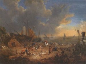 Elegant Figures Inspecting Their Catch On A Beach With Sailing Barges And Shipping Beyond