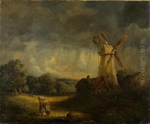 Figures Before A Tower Mill In A Landscape Under Brooding Skies - view 1