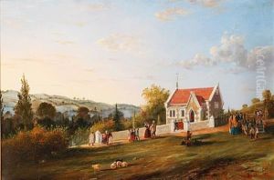 Children In The Playground Of A Gothic Style Village School (+ Congregation Before A Chapel In An Extensive Partly Wooded Landscape; Pair)