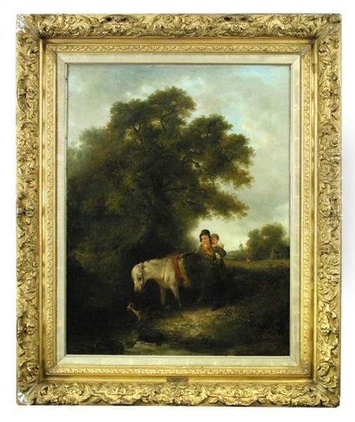 A Woman And A Child With A Grey Pony, A Spaniel At Their Feet - view 1