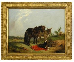 A Moorland Pony With A Donkey And A Collie In A Landscape by Edward Robert Smythe