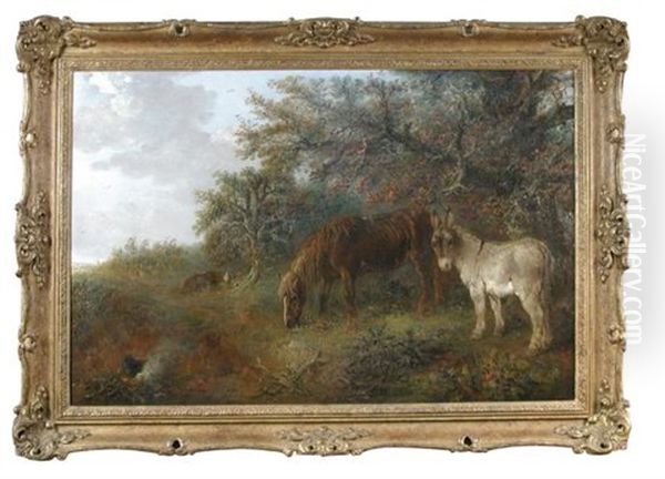 A Chestnut Pony And A Donkey, With A Gypsy Encampment Beyond - view 1