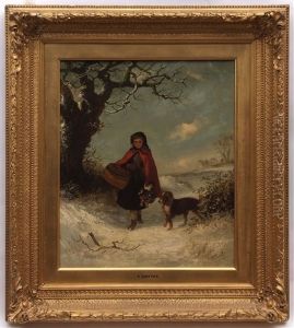 Winter Landscape With Young Girl Wearing Red Cloak Carrying Basket And Brace Of Partridge With Dog