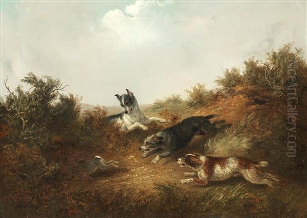 Three Dogs Chasing A Rabbit Down A Hole (+ Digging Out A Warren Path; Pair) - view 1