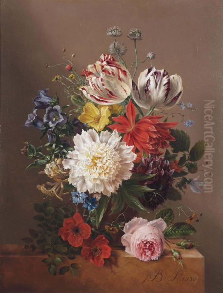 Tulips, Roses, Peonies And Other Flowers In A Vase On A Stone Ledge - view 1