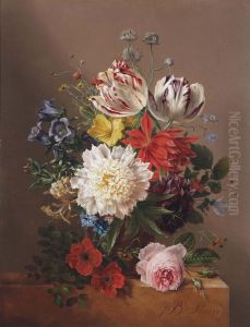 Tulips, Roses, Peonies And Other Flowers In A Vase On A Stone Ledge