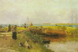 An Estuary Scene With A Mother And Child And Other Figures By A Lock An Estuary Scene With A Mother And Child And Other Figures By A Lock