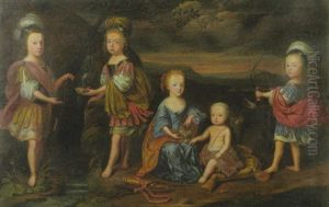 Funf Kinder Der Furstlichen Familie Anhalt Mit Ihrem Jagdhund Vor Hugellandschaft Bei Einem Quell by Abraham Snaphaen