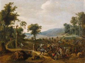 Eine Jagd In Einer Flusslandschaft (+ Schlachtenszene In Einer Hugeligen Landschaft; Pair) by Pieter Snayers