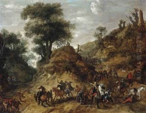 Horsemen Under Siege On The Slope Of A Hill by Pieter Snayers