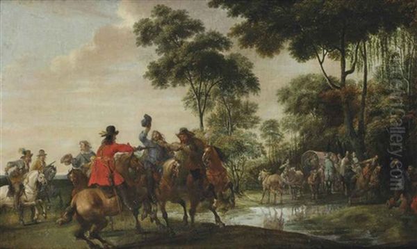 Highwaymen Raiding A Tilt Car By A Forest Stream - view 1