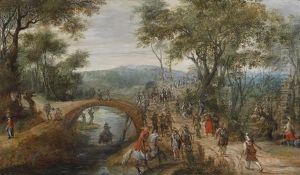 Bewaldete Flusslandschaft Mit Soldaten Bewaldete Flusslandschaft Mit Soldaten