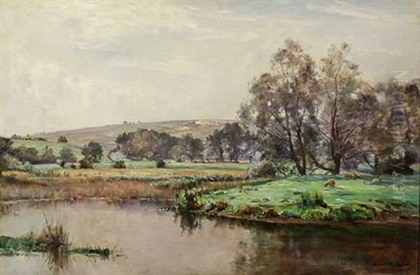 River Landscape With Sheep And Cows In A Pasture - view 1