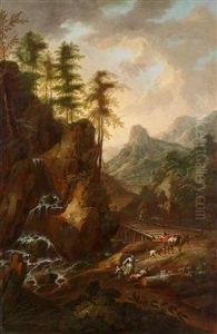 Gebirgslandschaft Mit Reisenden An Einem Steg