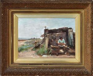 A Fisherwoman Seated By A Smoke House On A Beach by James Herbert Snell