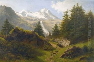 Gebirgslandschaft Mit Hirt Und Drei Schafen by Rudolf Snell