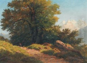 Partie Im Berner Oberland Mit Hirtin Und Ziegenpaar by Rudolf Snell