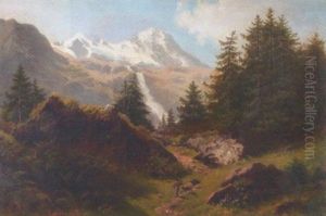 Wilde Gebirgslandschaft Mit Hirte Und Drei Schafen Wilde Gebirgslandschaft Mit Hirte Und Drei Schafen